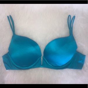 VS 34C Plunging Push-Up Bra Blue Satin